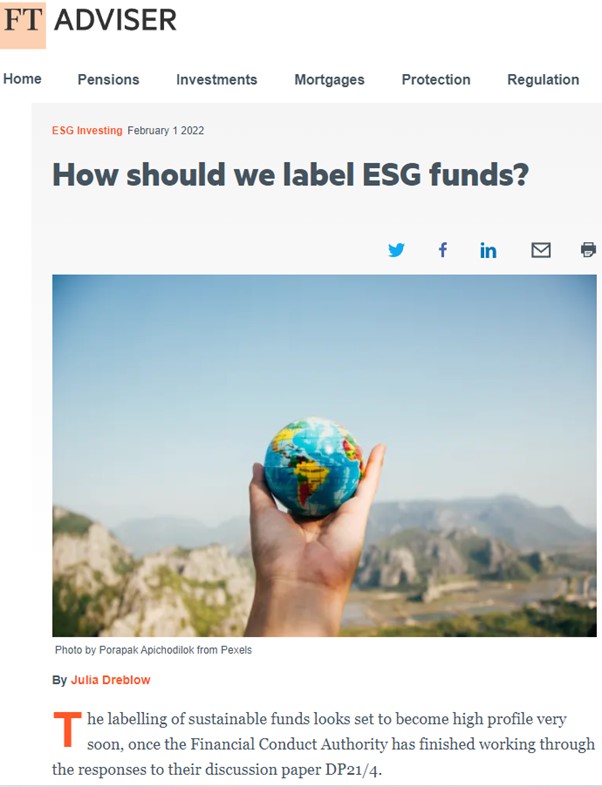 FT Adviser article – How should we label ESG funds?